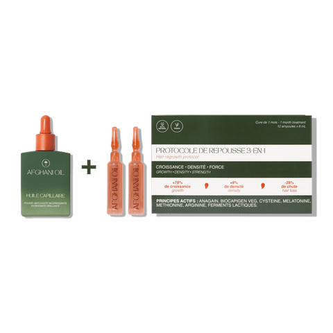 Original Afghani Hair Oil 50 ml with Hair Density Protocol box and ampoules