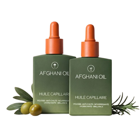 Two Original Afghani Hair Oil 50 ml bottles with Hair Density Protocol box and ampoules