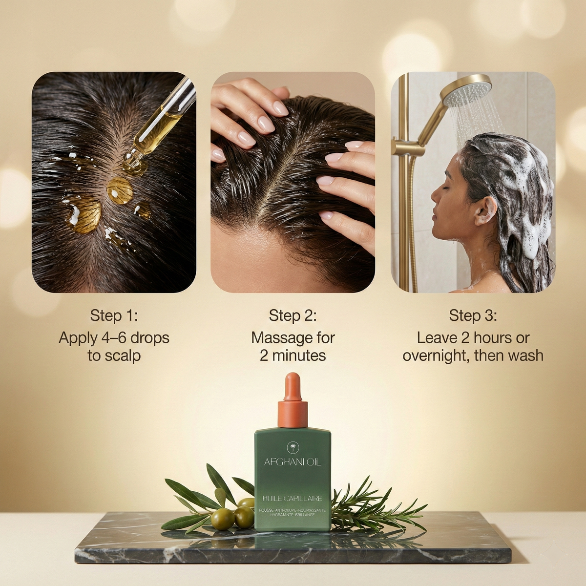 Three-step graphic of applying the oil at the scalp, with the Afghani Oil bottle