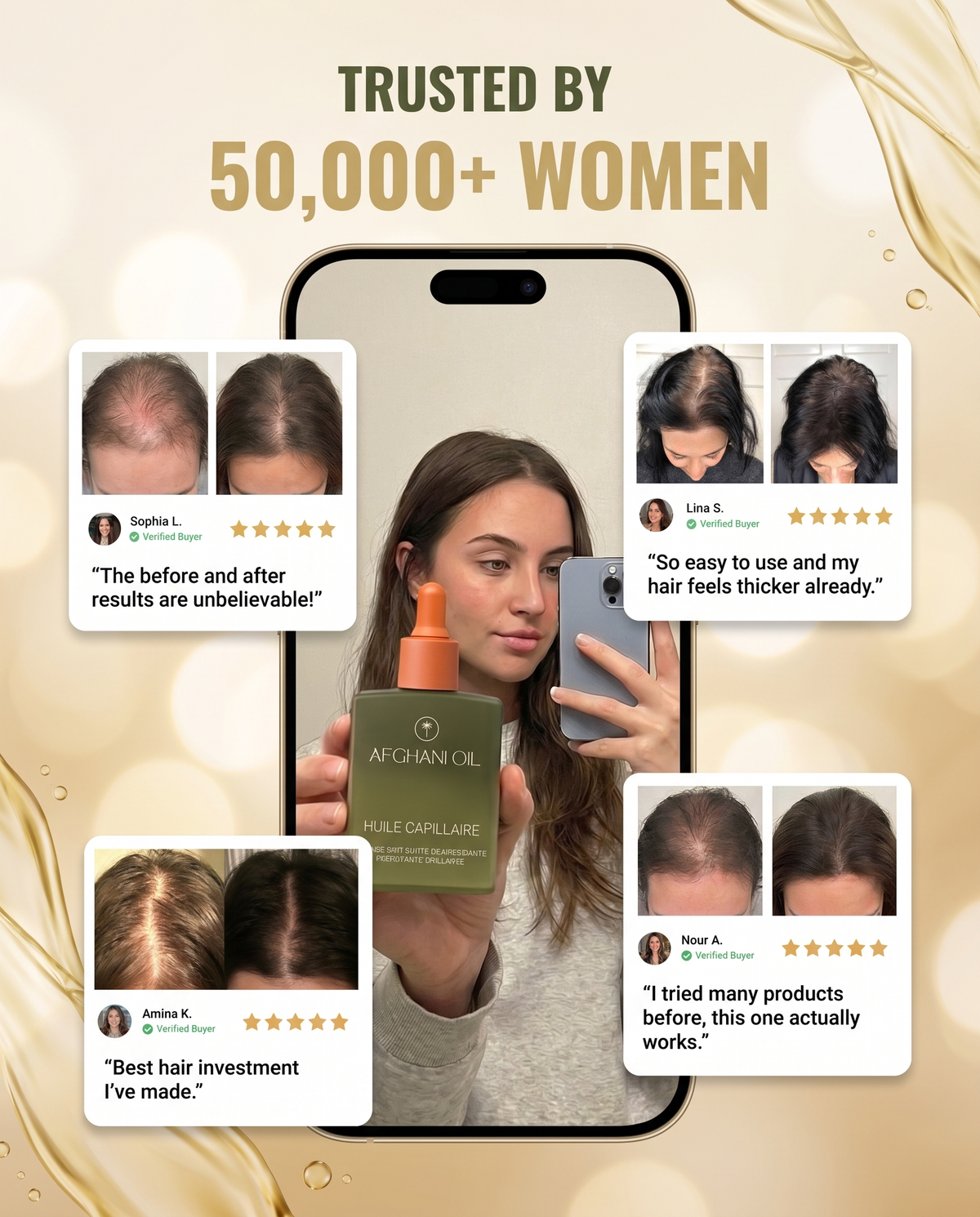 Collage of a phone screen and review cards with a woman holding the Afghani Oil bottle