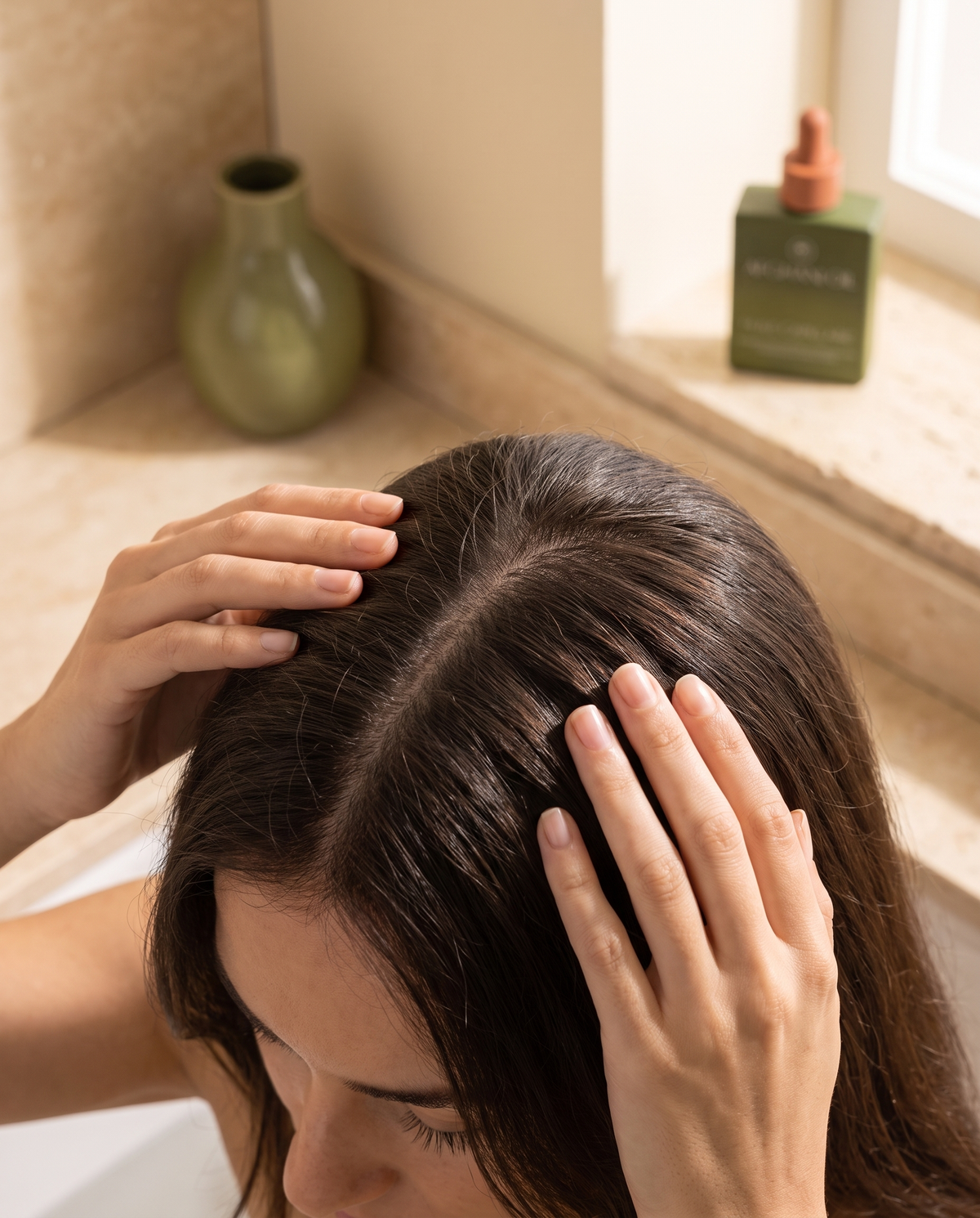 Two hands parting dark hair at the top of the head, a green dropper bottle on the ledge behind