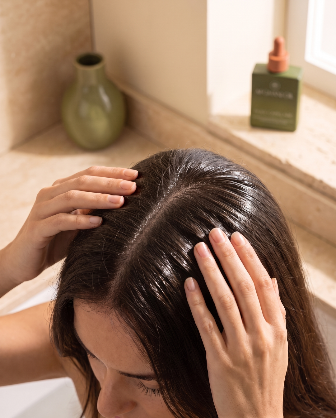 A woman with her fingertips in her hair, eyes closed, the Afghani Oil bottle on the counter