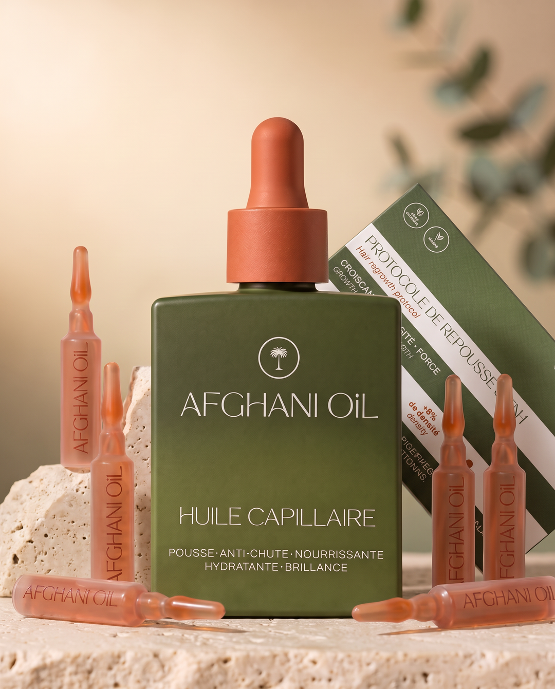 Original Afghani Hair Oil beside individual Protocol ampoules
