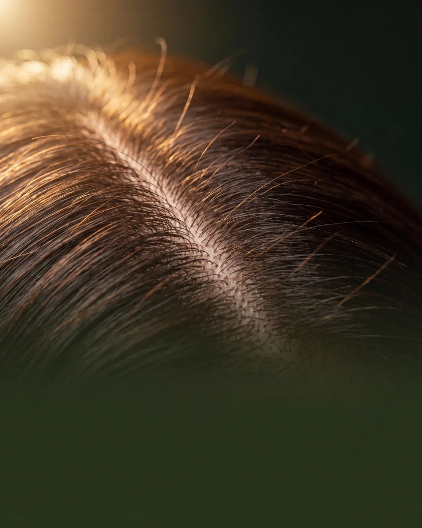 Clean scalp and hair parting in soft daylight