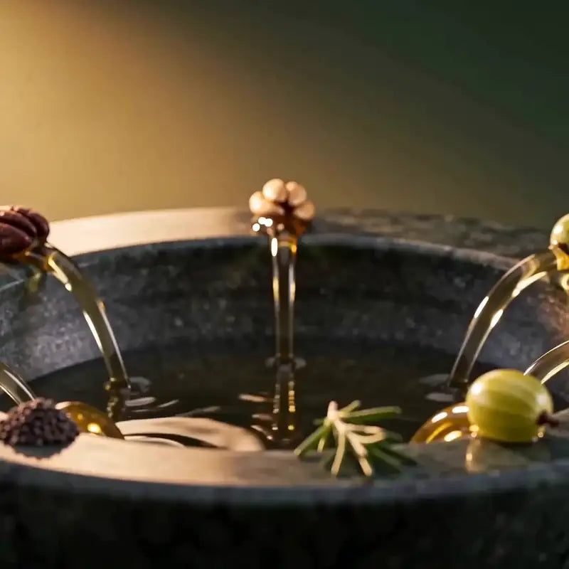 Five golden botanical streams blending into one Afghani Oil formula, drawn by the terracotta pipette
