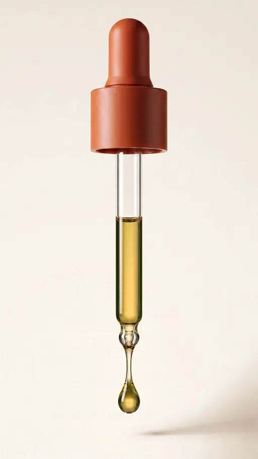 A glass dropper with a terracotta cap releasing a drop of green oil